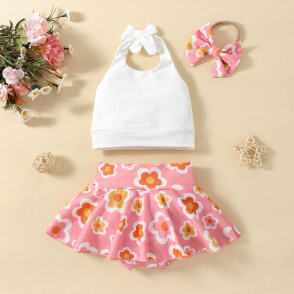 Ins Girls' New Solid Color Sling Top Flower Skort Suit